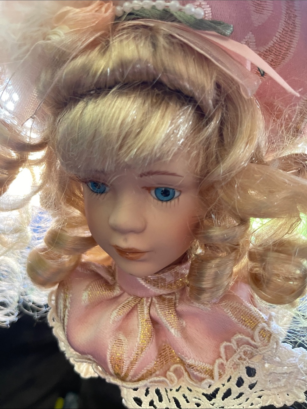 Porcelain Doll ornament - Pink and Blonde Decorative Accent